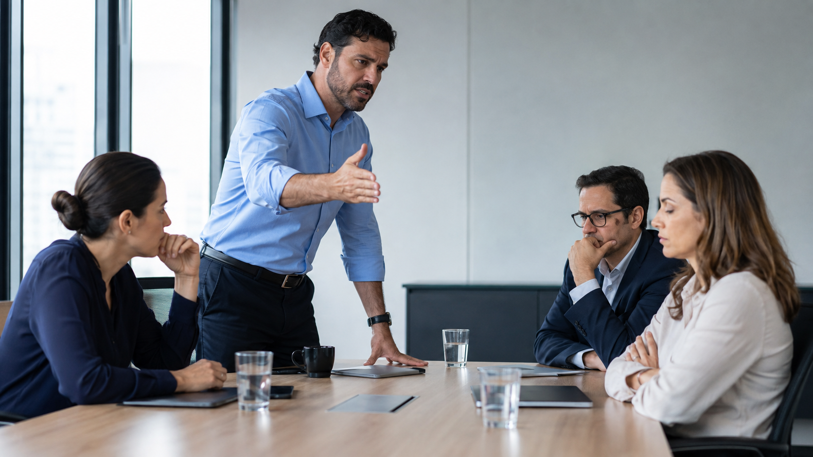 Gestor em pé conversa de forma enfática com equipe reunida em ambiente corporativo