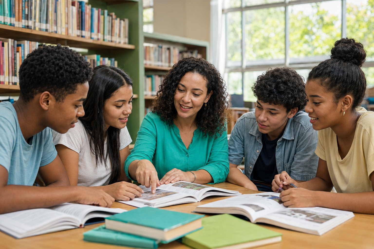 Educadora e estudantes reunidos em uma biblioteca escolar